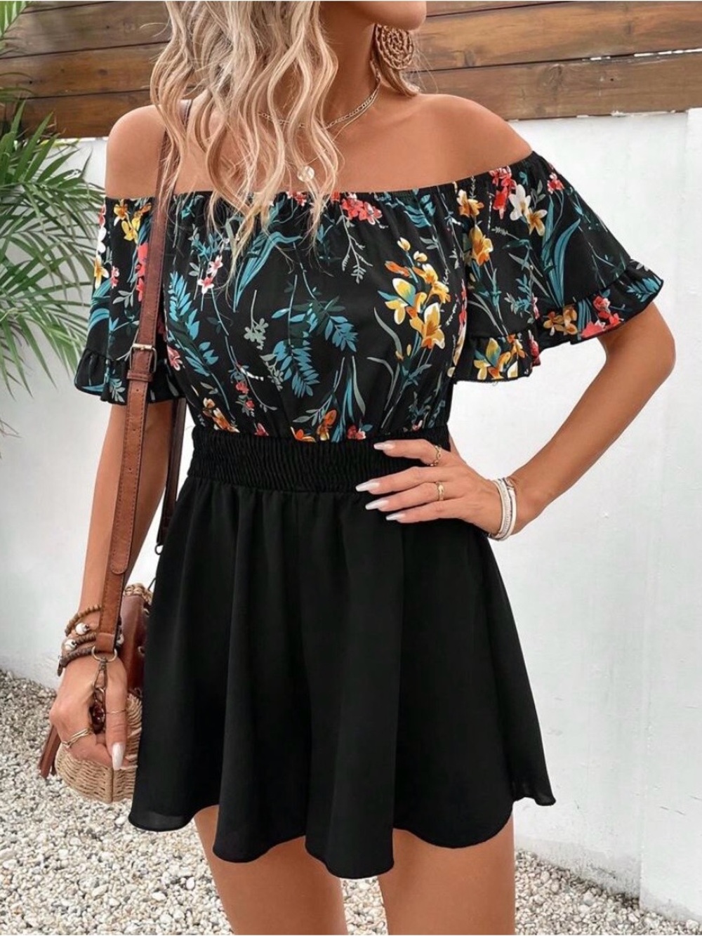 Off-Shoulder Black Floral Mini Dress